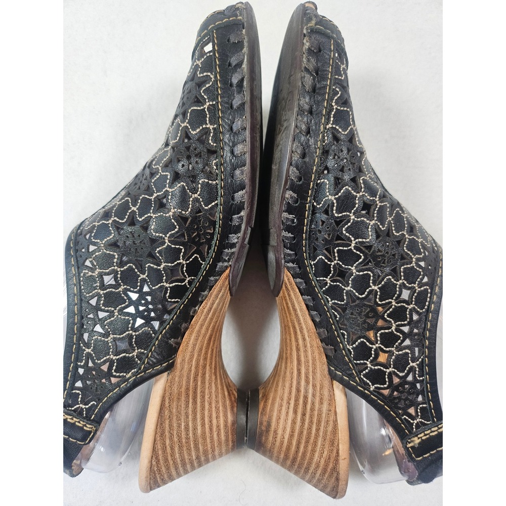 Pikolinos Black Leather Laser Cut Floral Wedge Sandals Peep Toe Boho size 38 - Picture 16 of 16